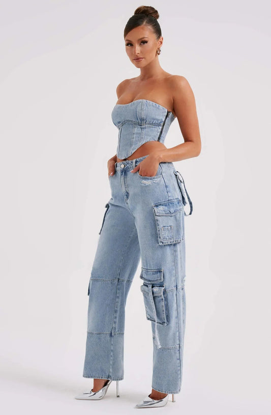 Blossom Set | Denim Corset and Cargo Pants